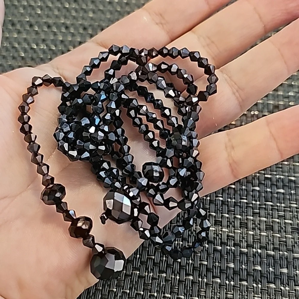 60's Navy Glass Long Necklace Tassel Acrylic Beads Vintage